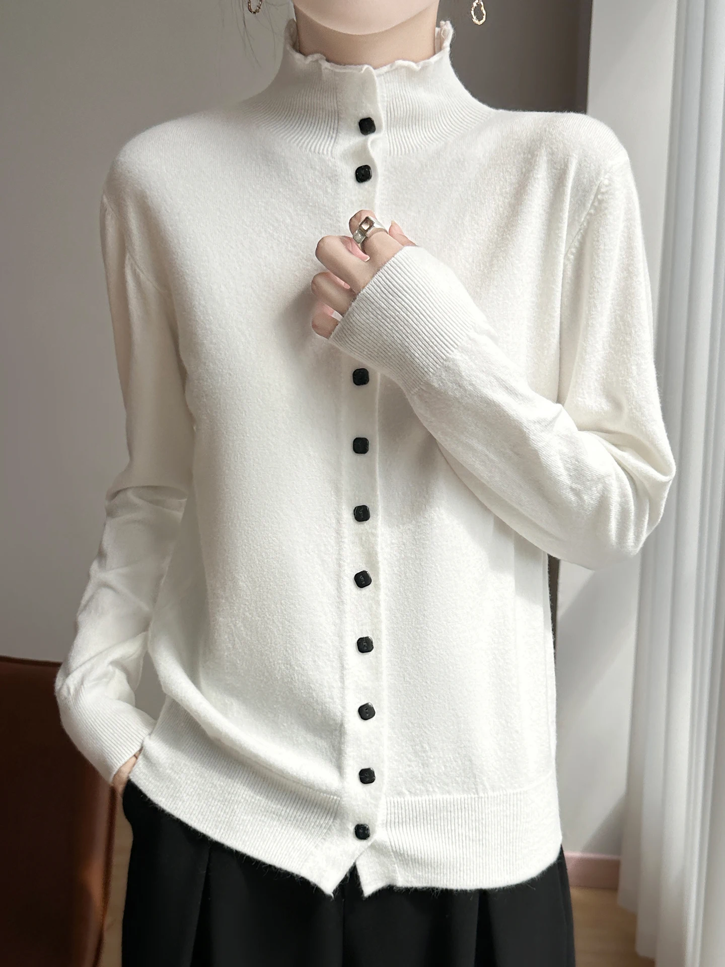 

Autumn Winter New Sle Women's Knitted Open Cardigan Soft Long Sve f High Collar Pure Color Faion Slimming Top