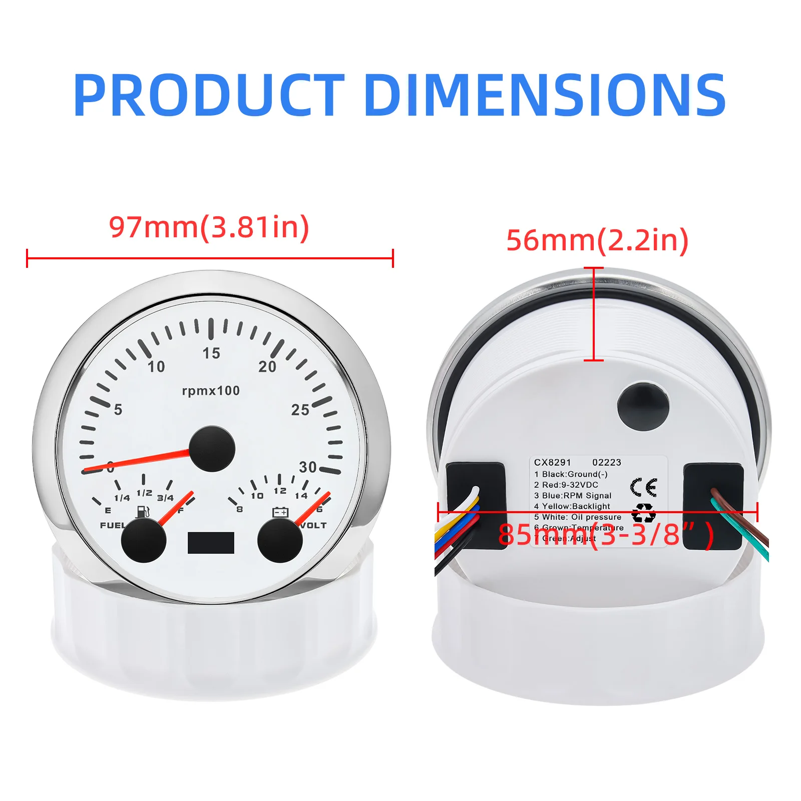 85mm Universal 3 IN 1 Gauge Tachometer+Fuel Level Meter+Voltmeter For 12V 24V Car Marine Boat 3000RPM 7 Color LED Backlight