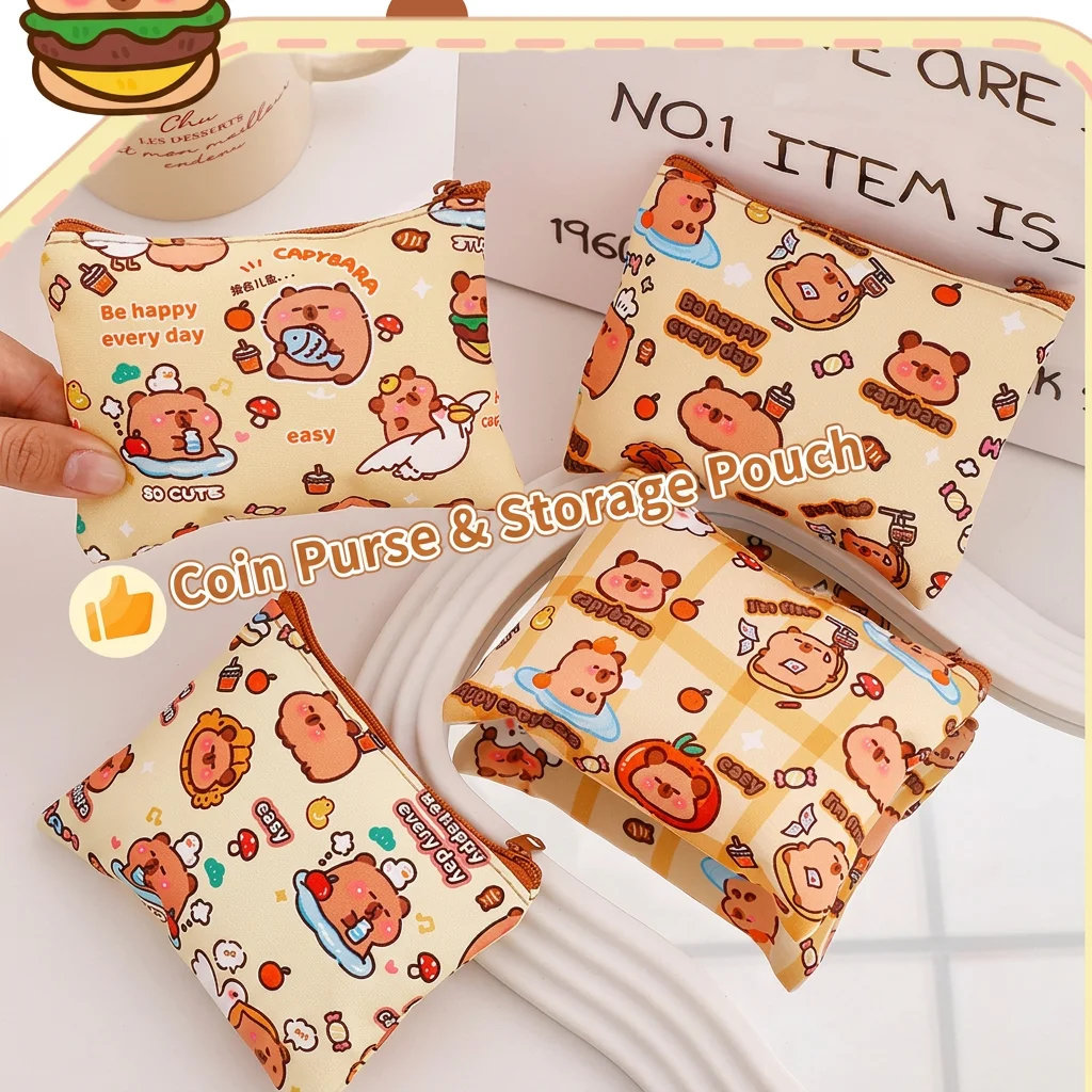 Cute Capybara Coin Purse Cartoon Animal Printed Zipper Pouch For Girls Kids Small Wallet For Coins Cash Cards Daily Use Random