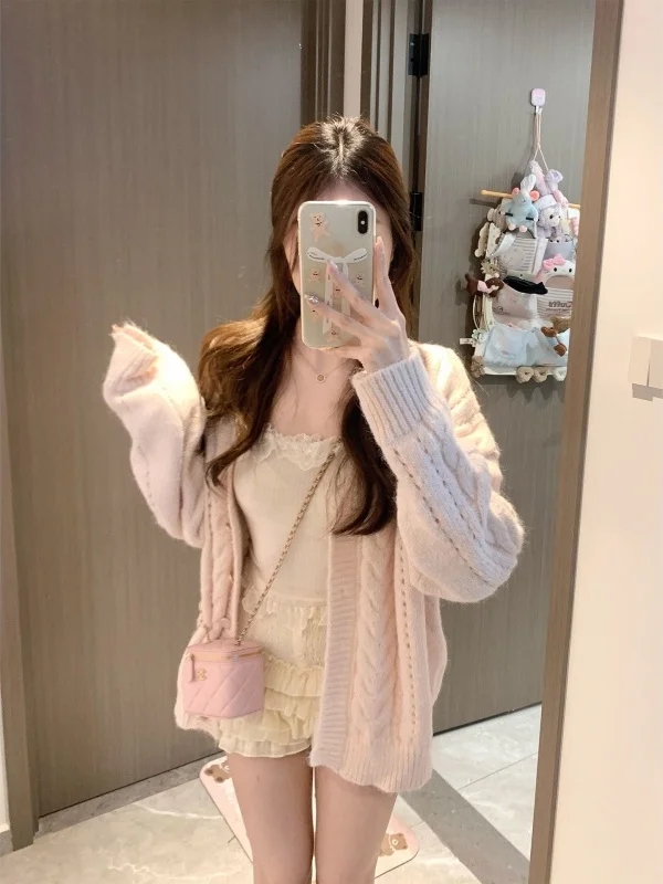 

Cozy Knitted Pink Open Cardigan Women's Winter New Small Size Soft Long Sve Fluffy Top Aosphere Sense Commute Sle