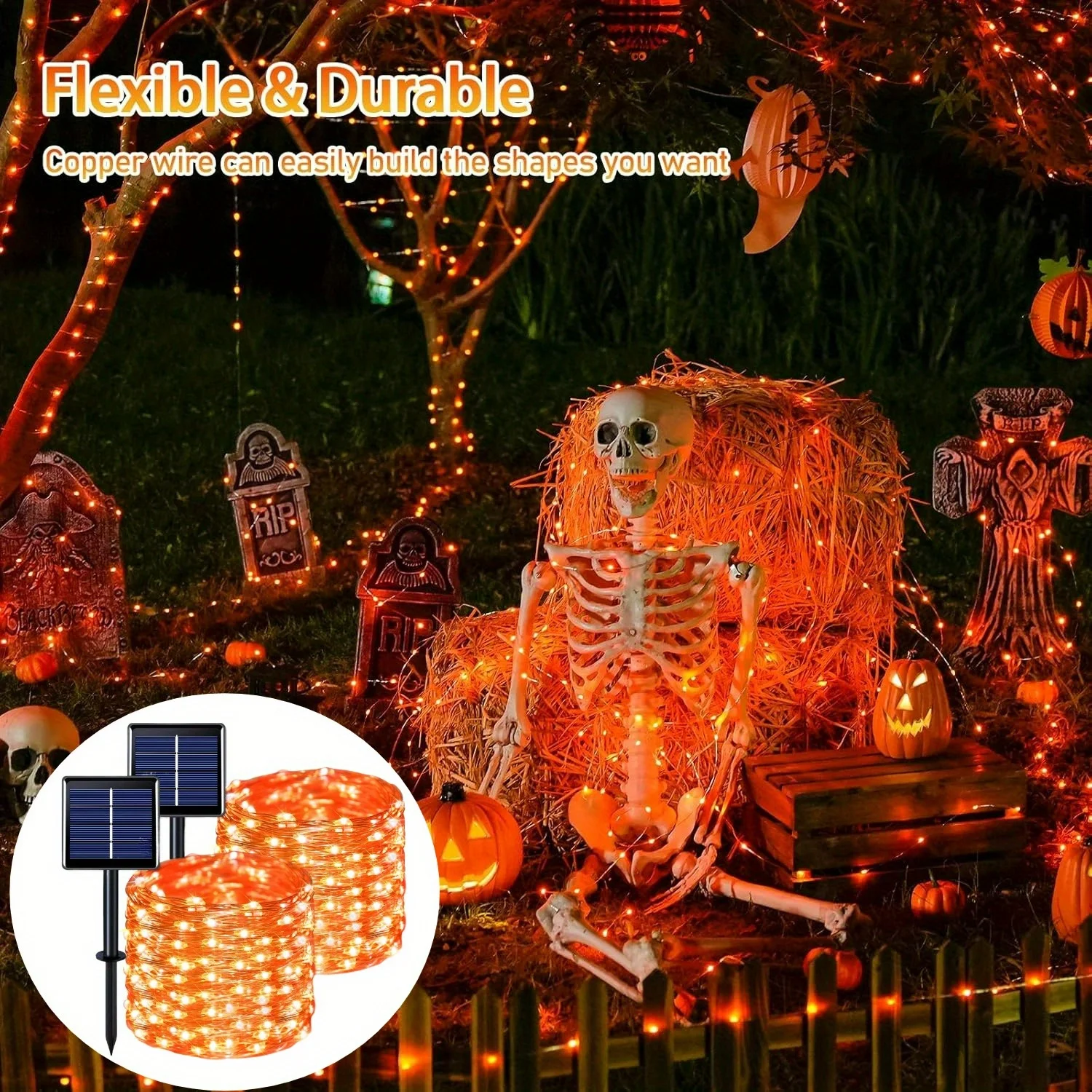 7M/12M/17M/22M Halloween Solar String Lights Outdoor Orange LED Copper Wire Fairy Lights 8 Modes IP65 Waterproof Party Decor