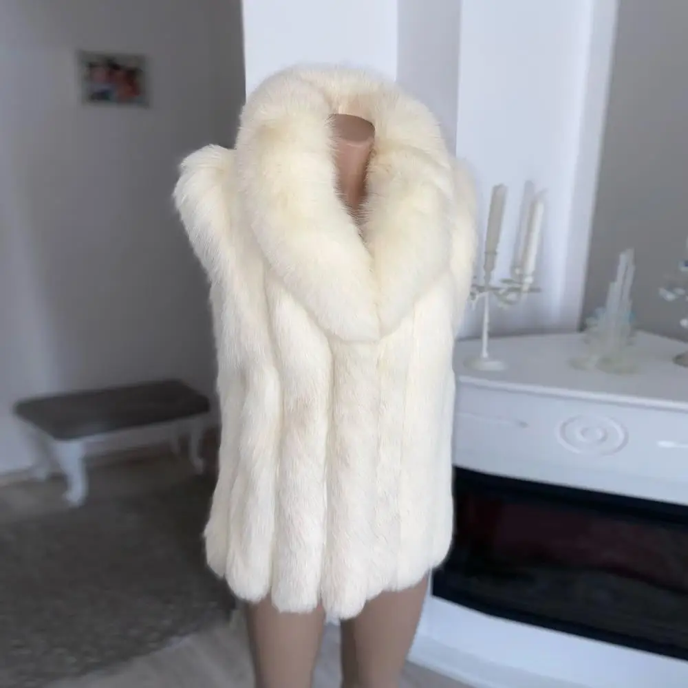 2024 Winter Woman Real Fox Fur Stand-up Collar Vest Coat Jacket Solid Elegant Warm Thick Overcoat