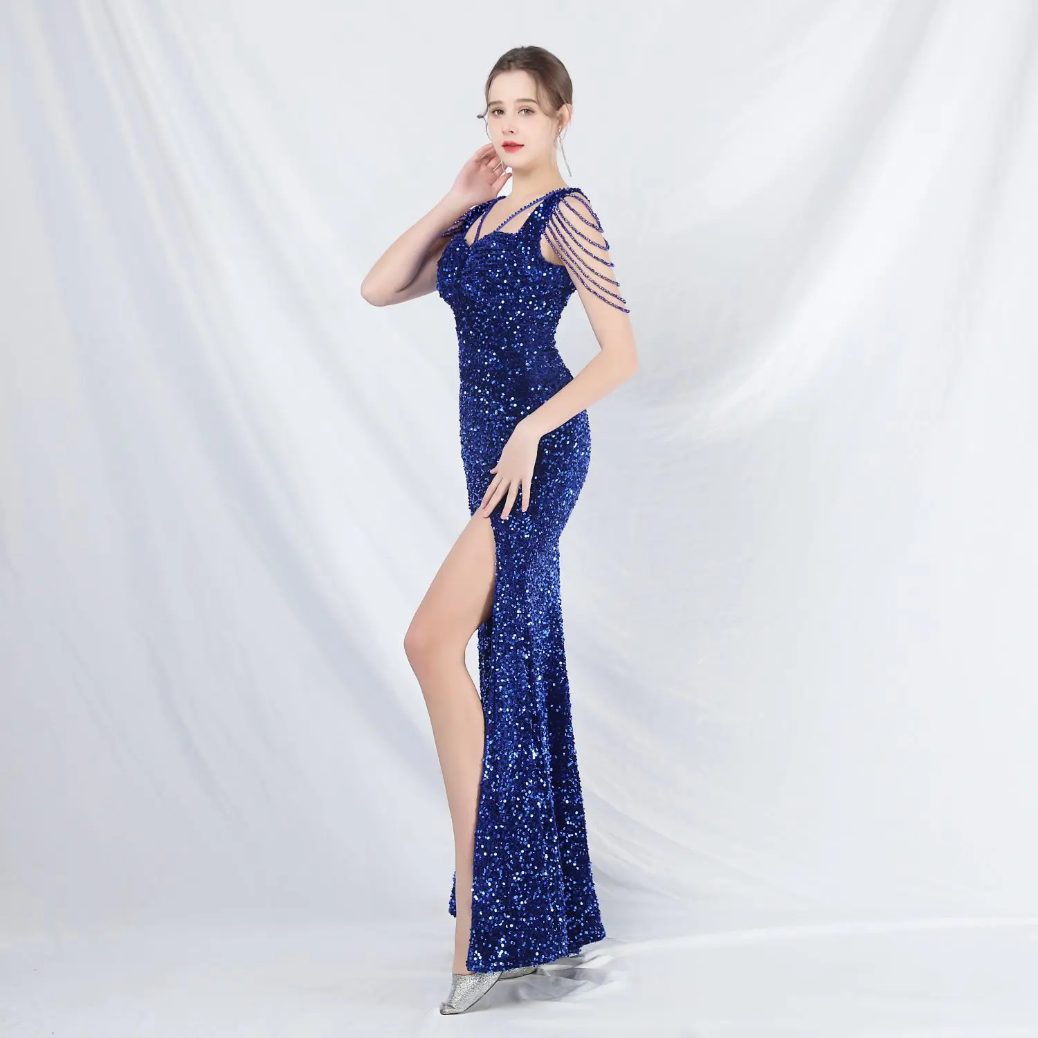 

High-End Luxury Long Evening Dress For Women Navy Blue Beading Sequin Mermaid Ball Gown Side Slit Graduation Long Prom Dress New