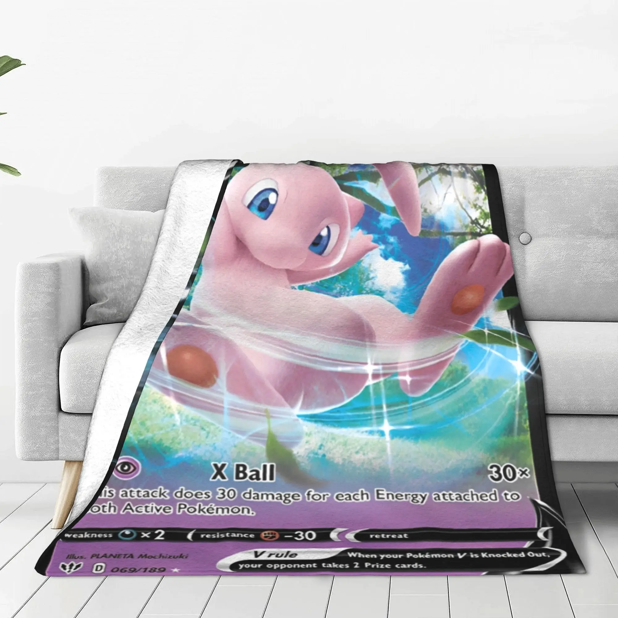 Pokemon Anime Card Mew Fleece Throw Blanket Cartoon Game Blankets for Home Travel Super Warm Quilt Multi-function