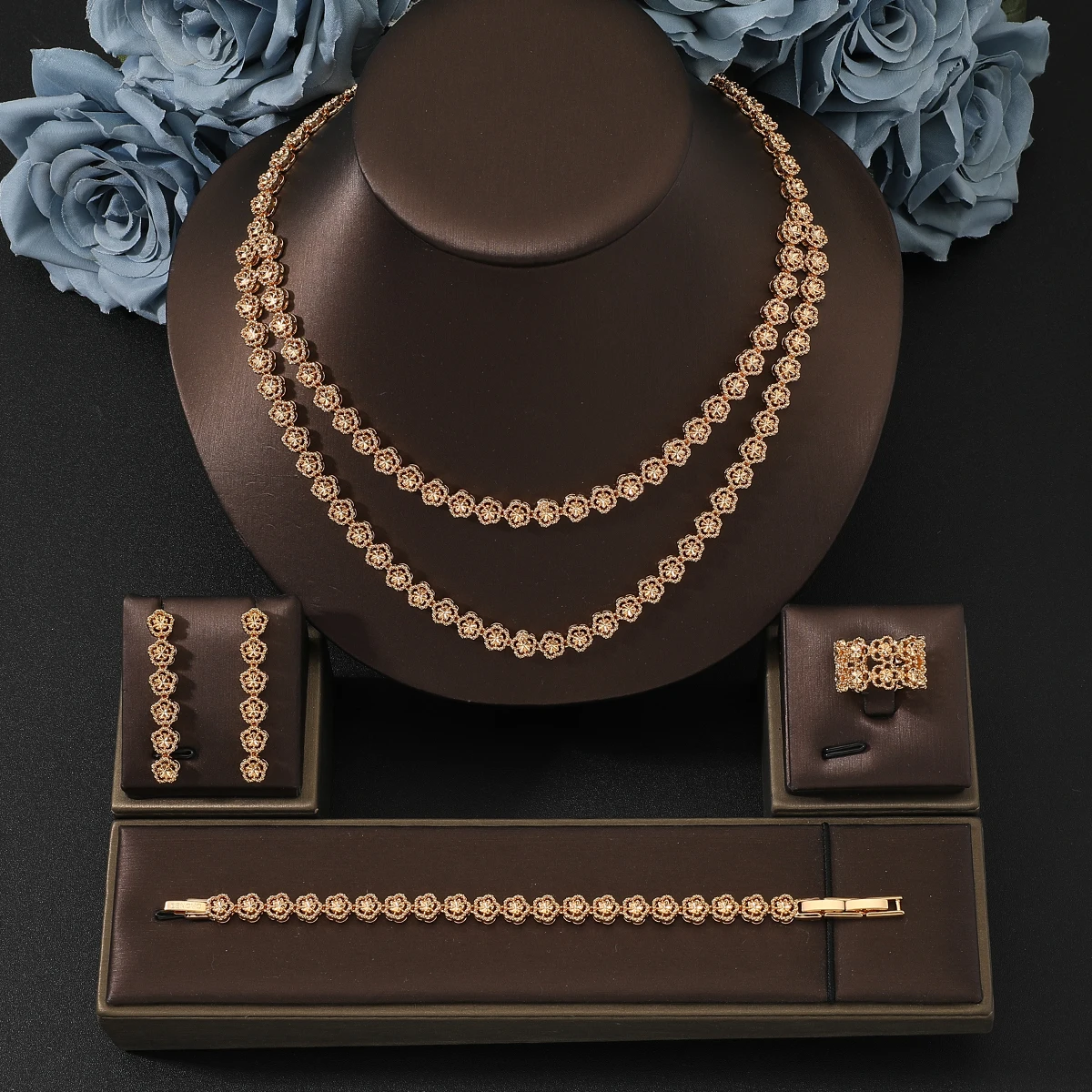 women-fashion-copper-zircon-flower-design-double-layer-necklace-bracelet-ring-earring-set-bridal-wedding-anniversary-jewelry