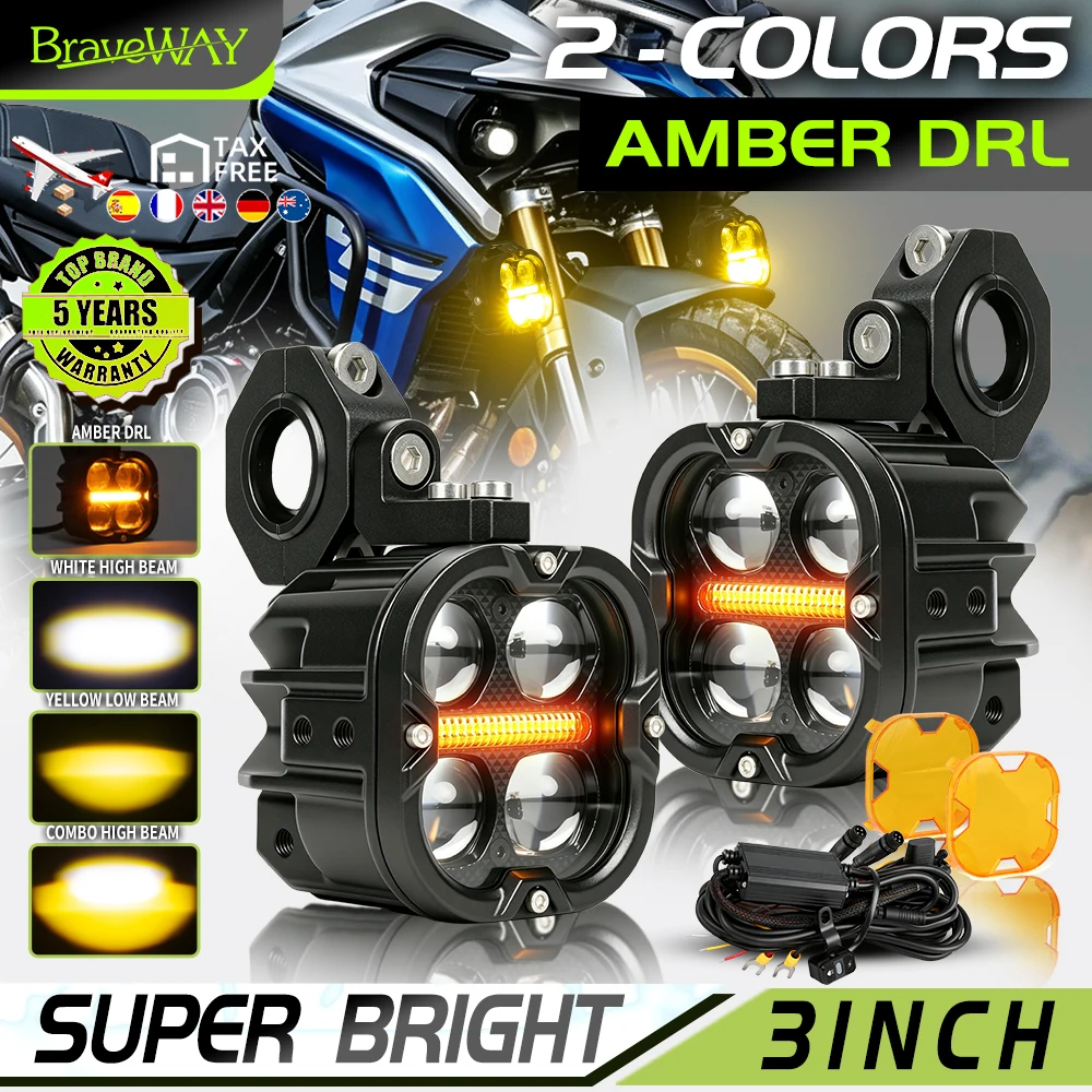 Braveway 3 Zoll Motorrad LED-Zusatzscheinwerfer 2 Stück Weiß Gelb Dual-Farbe Bernstein DRL Nebelscheinwerfer Wasserdichte Motorrad-Scheinwerfer mit Kabelbaum