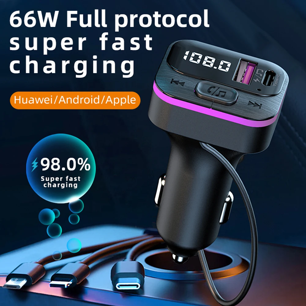 Car Bluetooth 5.0 FM Transmitter MP3 Modulator Player Wireless Handsfree Audio Receiver Car Kit With 3 in 1 Fast Charge Cable