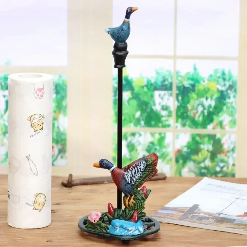 European Style Retro Cast Iron Handicrafts Painted Chicken and Duck Roll Paper Storage Rack Kitchen Vertical  Tissue Holder
