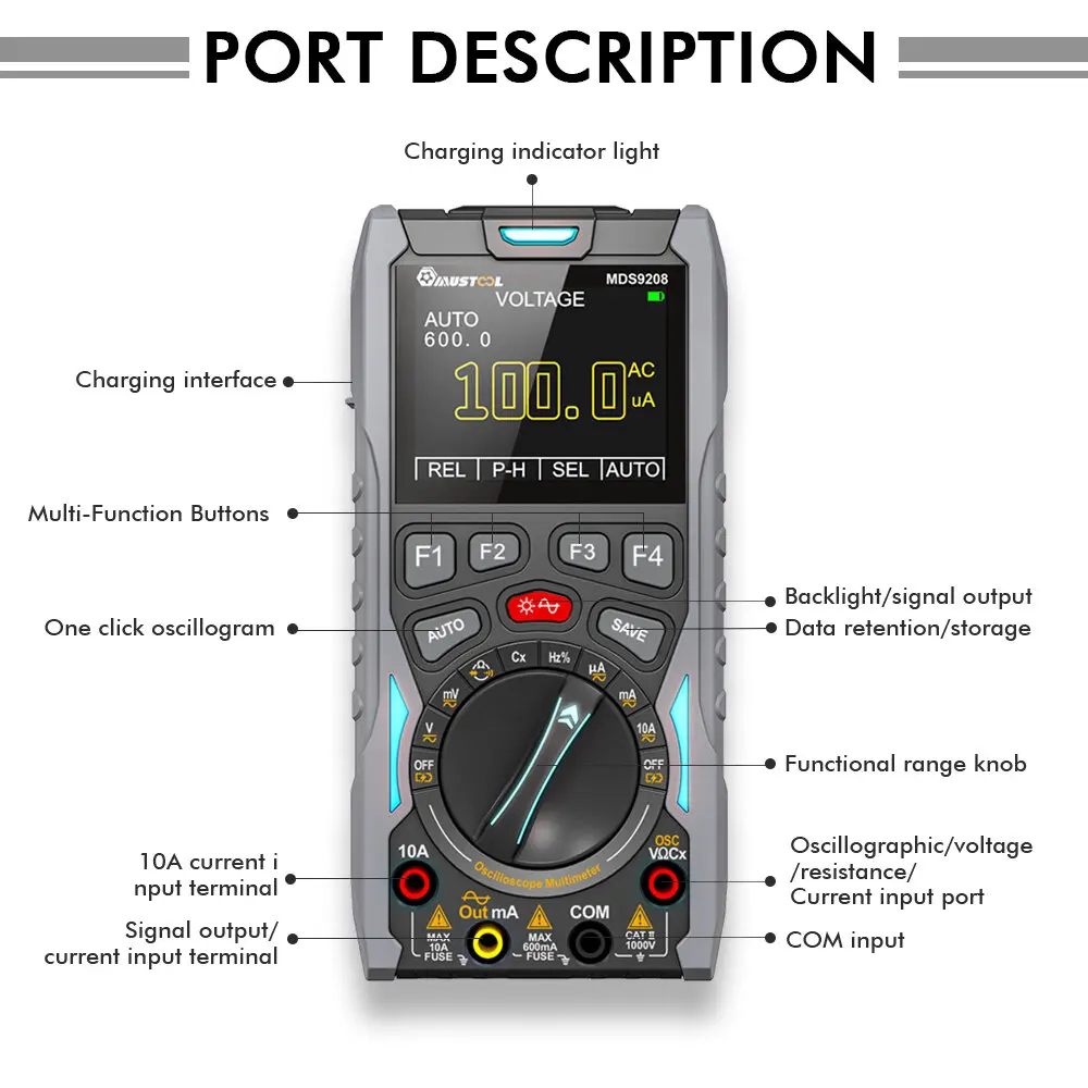 MUSTOOL MDS9208 3In1 Oscilloscope Multimeter Signal Generator 12MHz 50Msps Portable High Storage Capacity Low Power Consumption