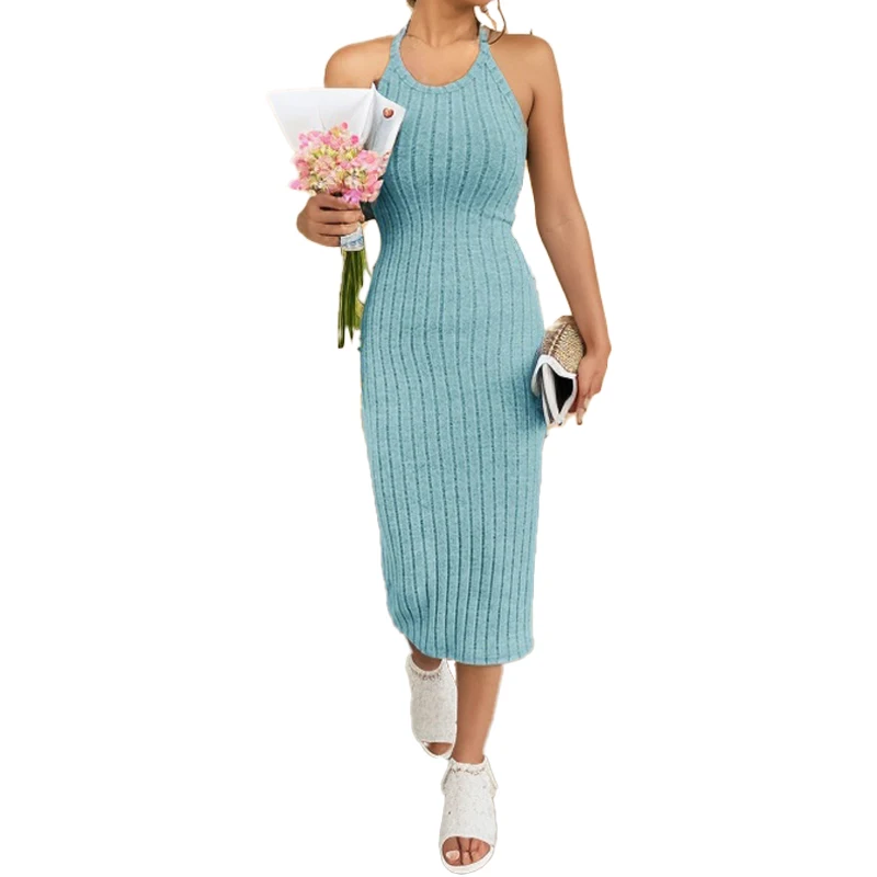 Women's sweater dresses, round neck, solid color, versatile, without belt, knitted sweater dress image 2