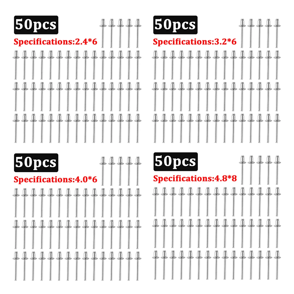 Set paku keling tugas berat, Pop pistol paku keling tunggal 200 buah Kit bermacam-macam peralatan tangan 2.4/3.2/4.0*6 4.8*8 alat kacang Rivet tunggal