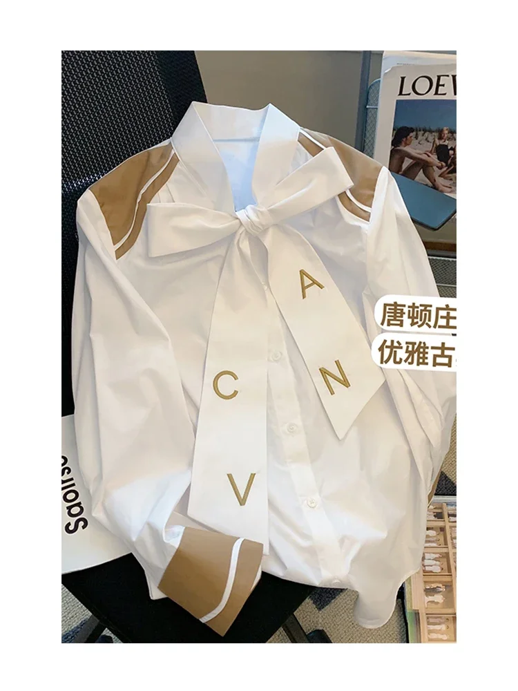 Fashion England Style Long Sleeve Blouses For Women 2024 Bow Letter Tee White Single Breasted V-neck Loose Boyfriend Shirt