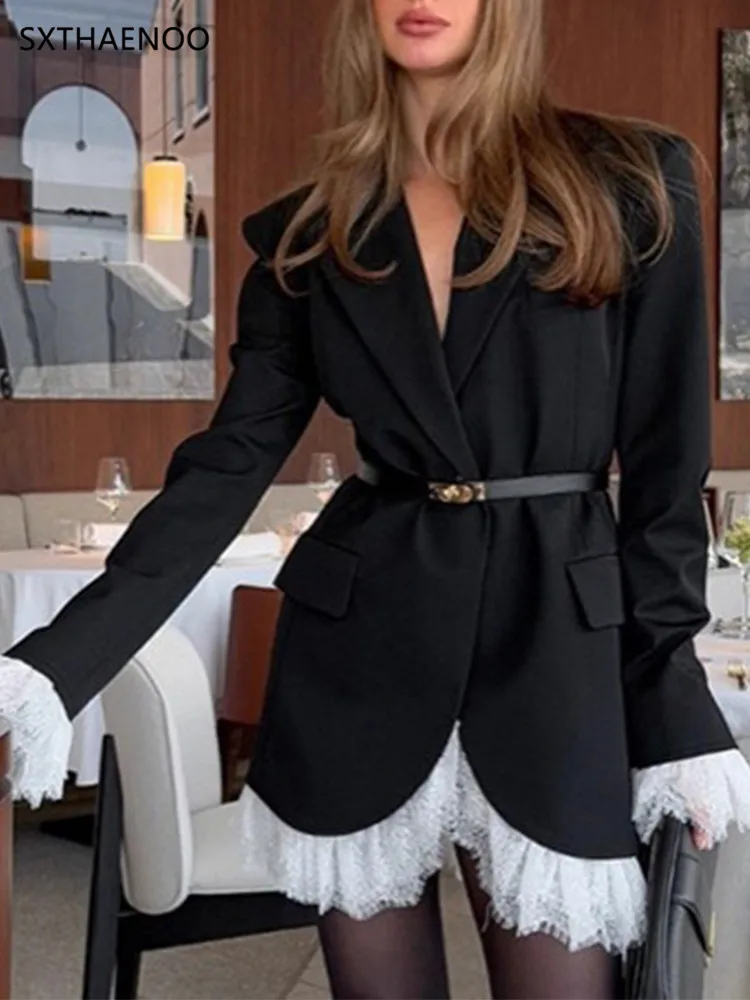 سترة نسائية رفيعة من الدانتيل بزر واحد من IRENE TINNIE فضفاضة بياقة على شكل حرف v وأكمام طويلة وسادات كتف سترة سوداء 2025 ملابس خارجية للسيدات في الشارع