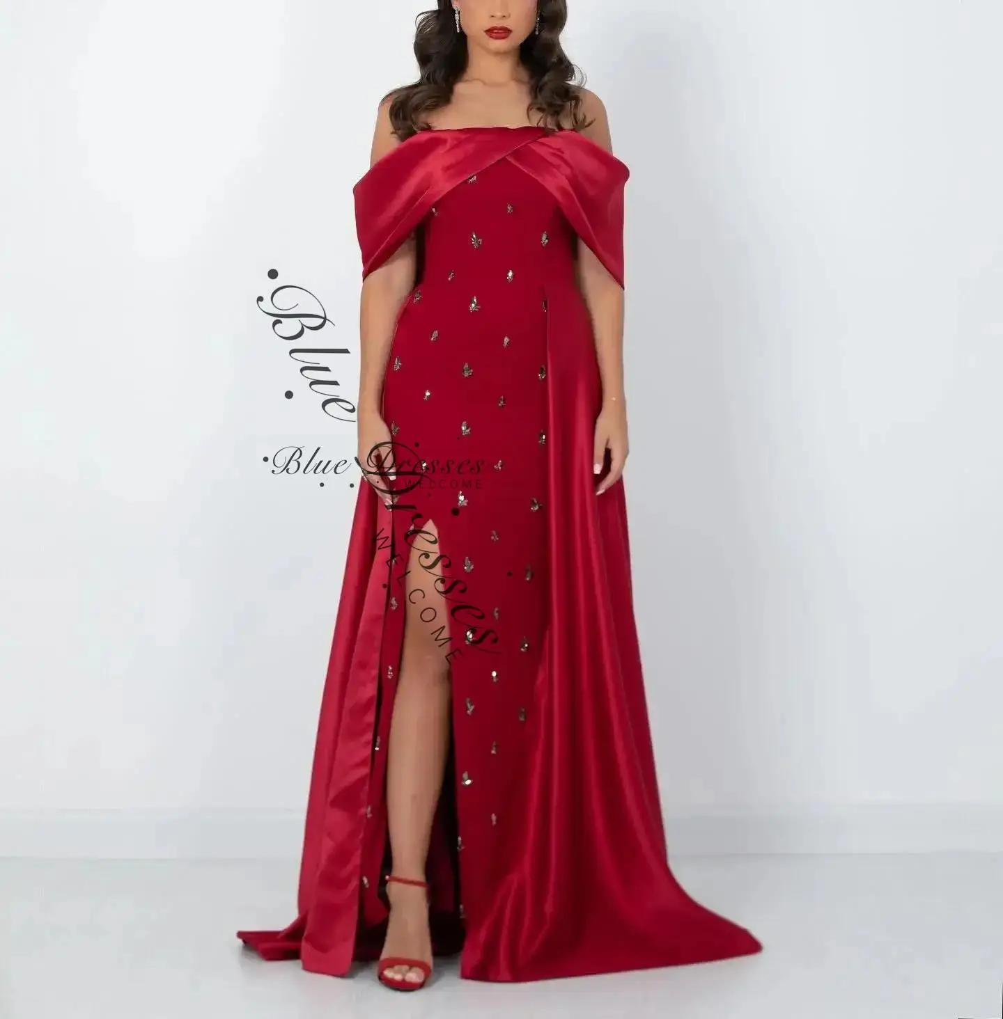 

customized Evening Gown Mermaid Elegant Prom Dress Off the Shoulder Pleat Wedding Evening Dress with High Split