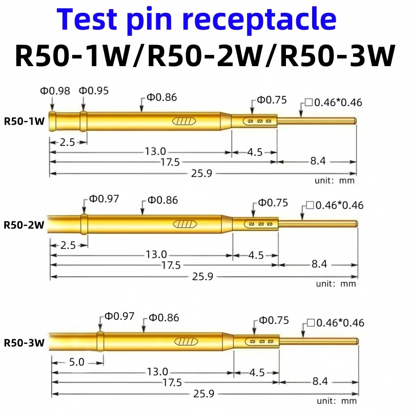 20/100PCS R50-1W R50-2W R50-3W Test Pin P50-B Receptacle Brass Tube Needle Sleeve Seat Wire-wrap Probe Sleeve 25.9mm Dia 0.86mm