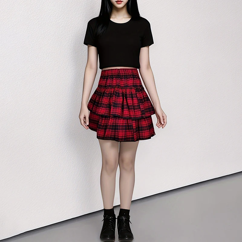 Black Red Plaid Mini Skirt For Women Elastic Waist Ruffles A-line Midi Skirts Y2k Girl Streetwear 2025 Spring Summer
