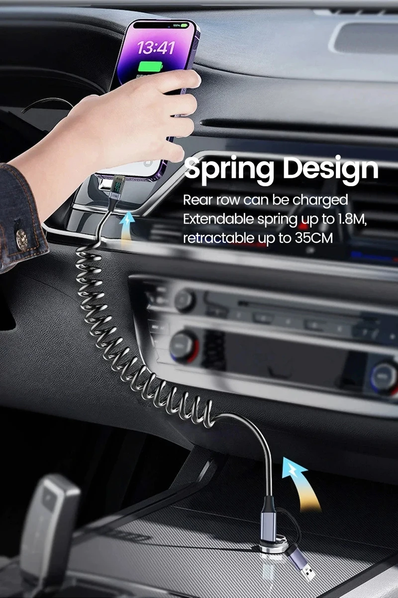 

2IN1 LED Digital Display 1.8M PD 100W 20V 5A Spring Type C UAB A To USB C Fast Charging AUTO CAR Cable For iphone16 Huawei PHON