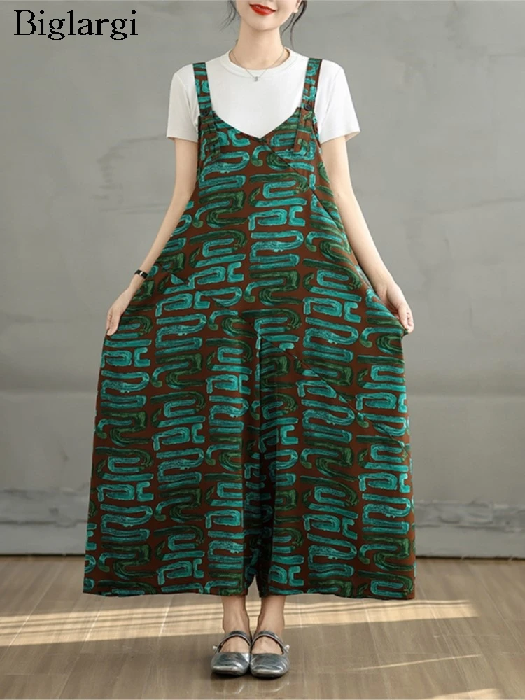 

Oversized Summer Wide Leg Overalls Pant Women Geometric Print Fashion Casual Ladies Overalls Trousers Loose Woman Jumpsuit