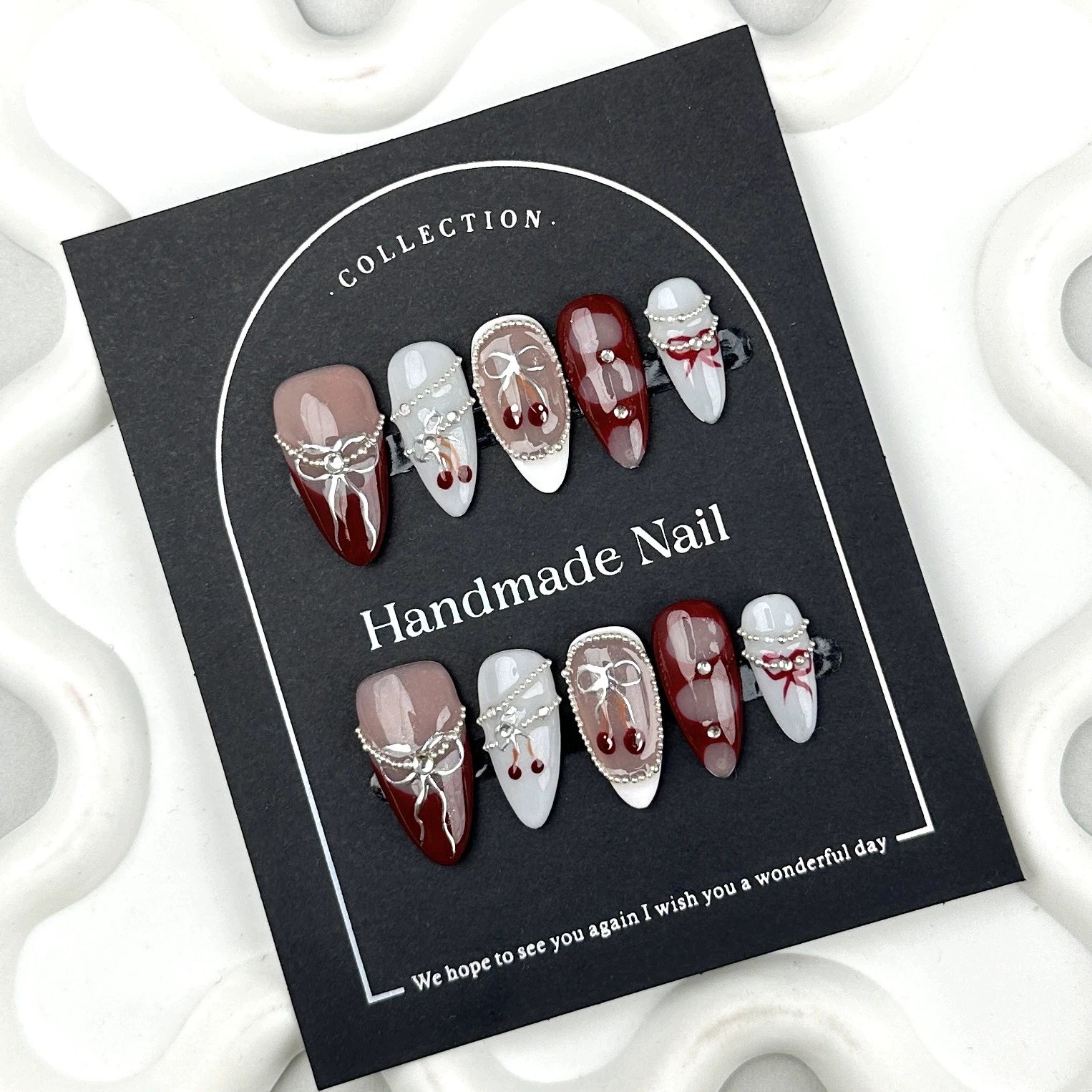 

10pcs Handmade Press on Nails with Bow Decor Sweet French Almond False Nails Wearable Korean Cute Full Cover Fake Nail Tips