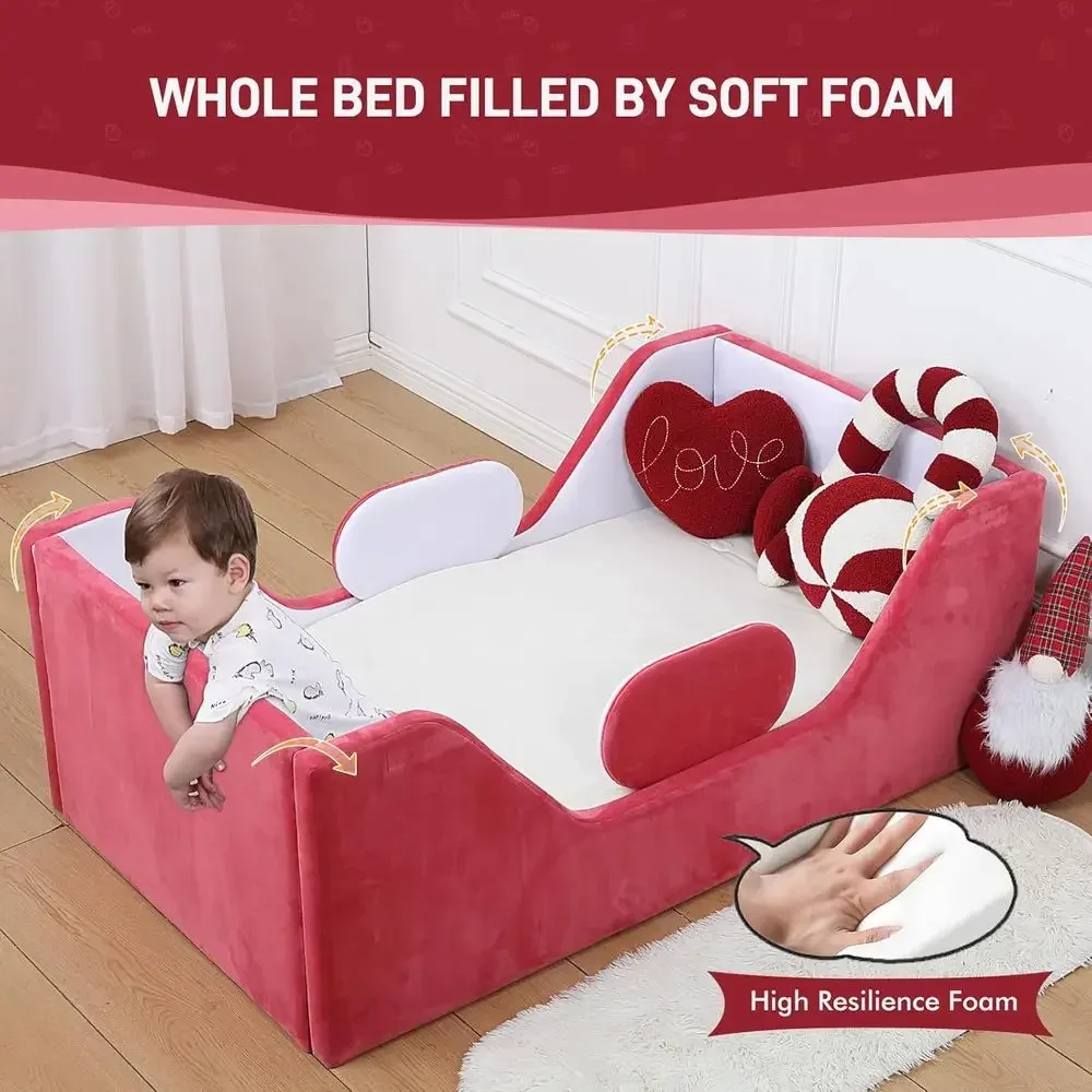 Extra-Wide Toddler Bed with Certified Fabric, Safe and Stylish, Suitable for Kids, Mixed White/Red