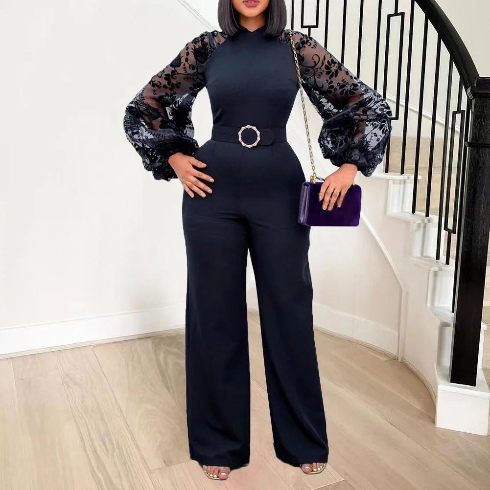 

Stand-up collar mesh lantern sleeves slim-fitting large-size women's clothing African wide-leg jumpsuit slim-fitting simple temp