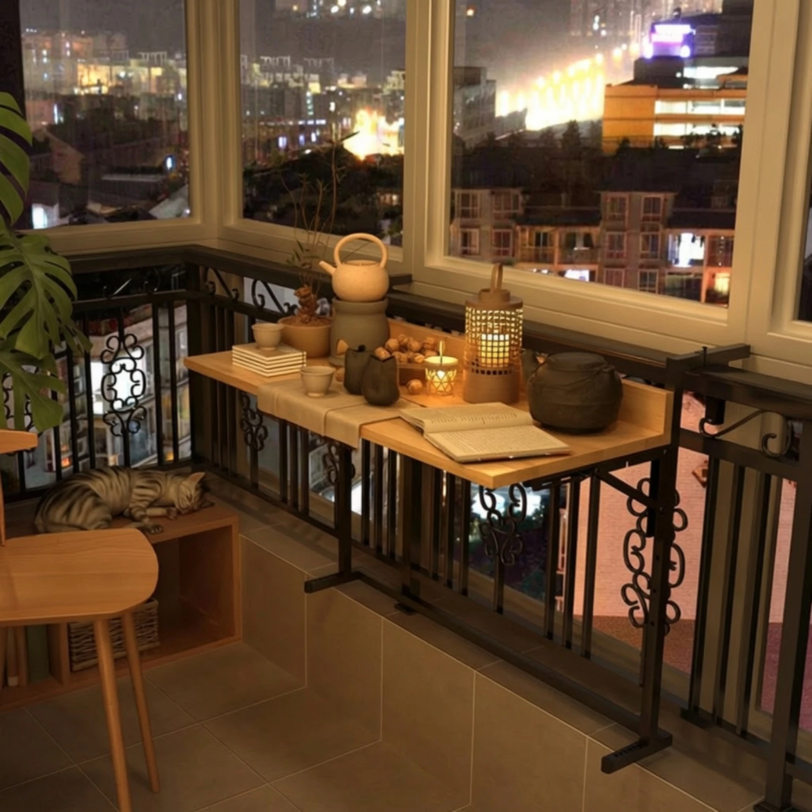 Foldable Balcony Bar Table Sturdy Railing-Mounted Table with Wood Tabletop Furniture Heavy-Duty Collapsible