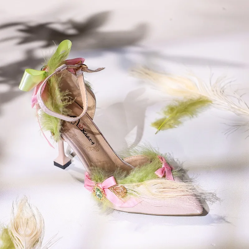Peacock Feather Lolita Women Shoes Peacock Color Guava Pointed Tip Small Feather Lolita High Heels Design Women's Shoes