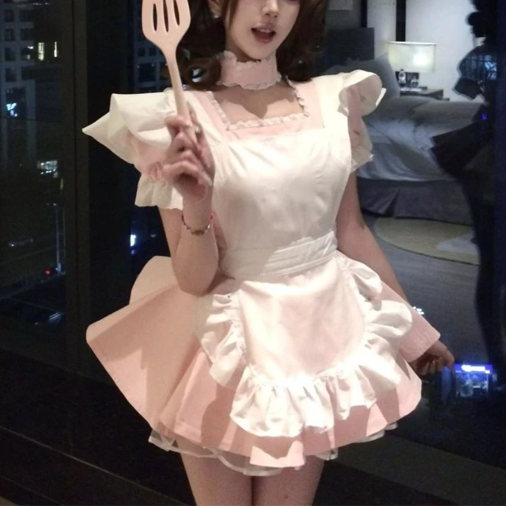 Japanese Sweet Kawaii Lolita Women 2 Piece Set Y2k Cute Puffy Short Dresses + Design Apron Female Harajuku Cosplay Uniform New