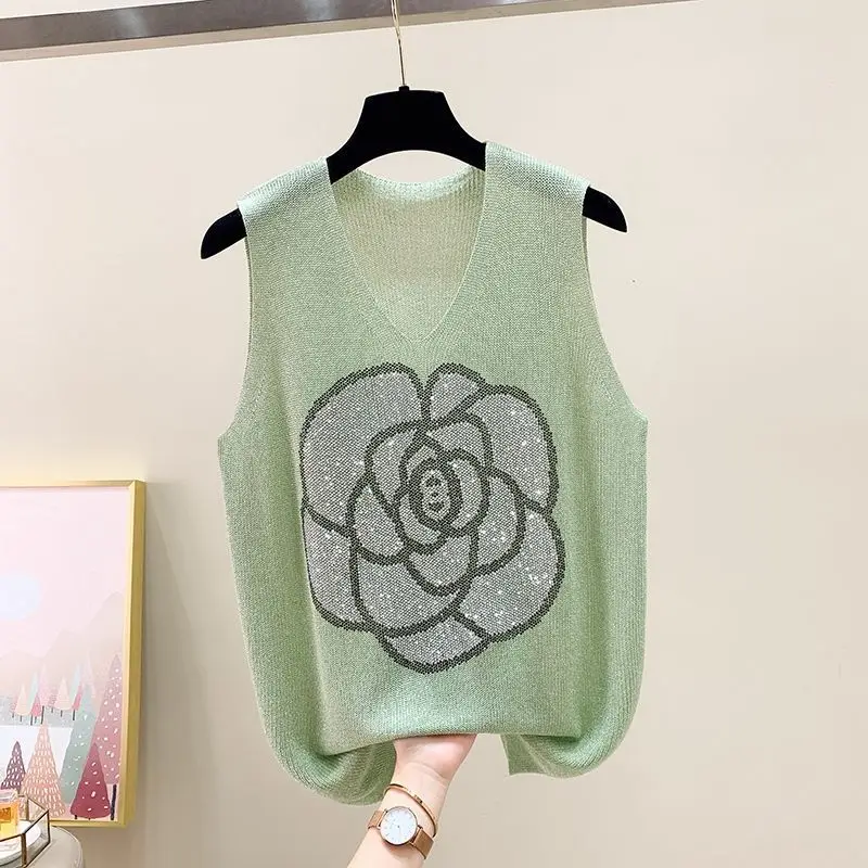 Minimalist Commute Summer New Women V-neck Printed Diamonds Loose Sleeveless Ice Silk Knitted Sweater Tank Camisole T-shirt Tops