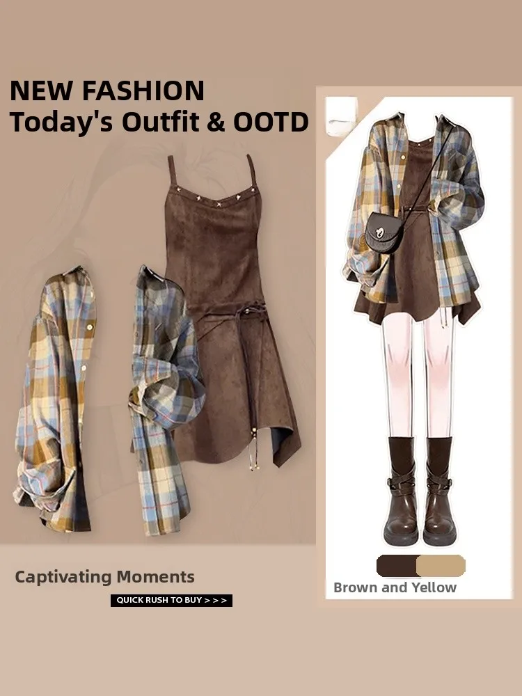 

Plaid Shirt Autumn Outfit Lazy Style Long Sleeve Irregular Strap Dress Two-Piece Set Women's Fashion A-Line Skirt Midi Dress