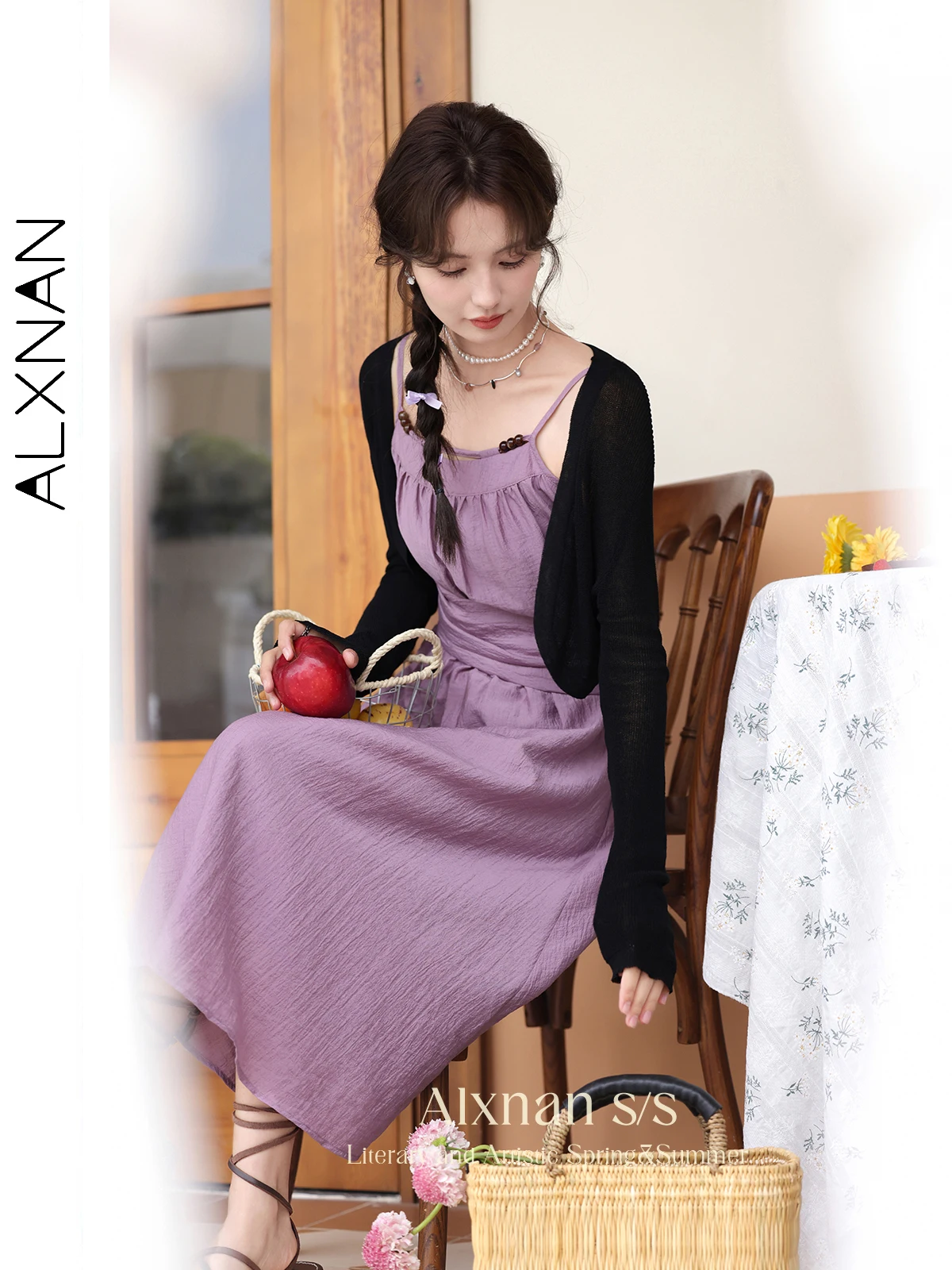 ALXNAN Frenchy Spaghetti Strap Purple Dresses for Women 2024 Elegant Chic Fashion A Line Sleeveless Fitted Midi Dress L35227