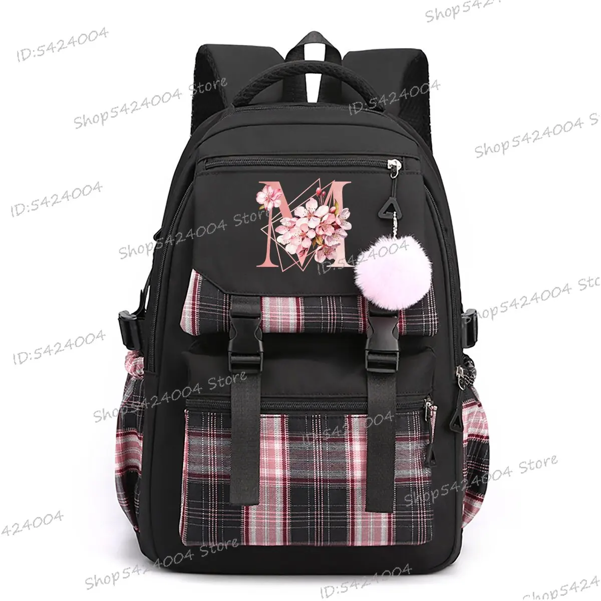 Pink Sakura Alphabet M Schoolbag School Student Korean Style Cute Cartoon Teenage Girl 26 Initials Flower Junior School Backpack