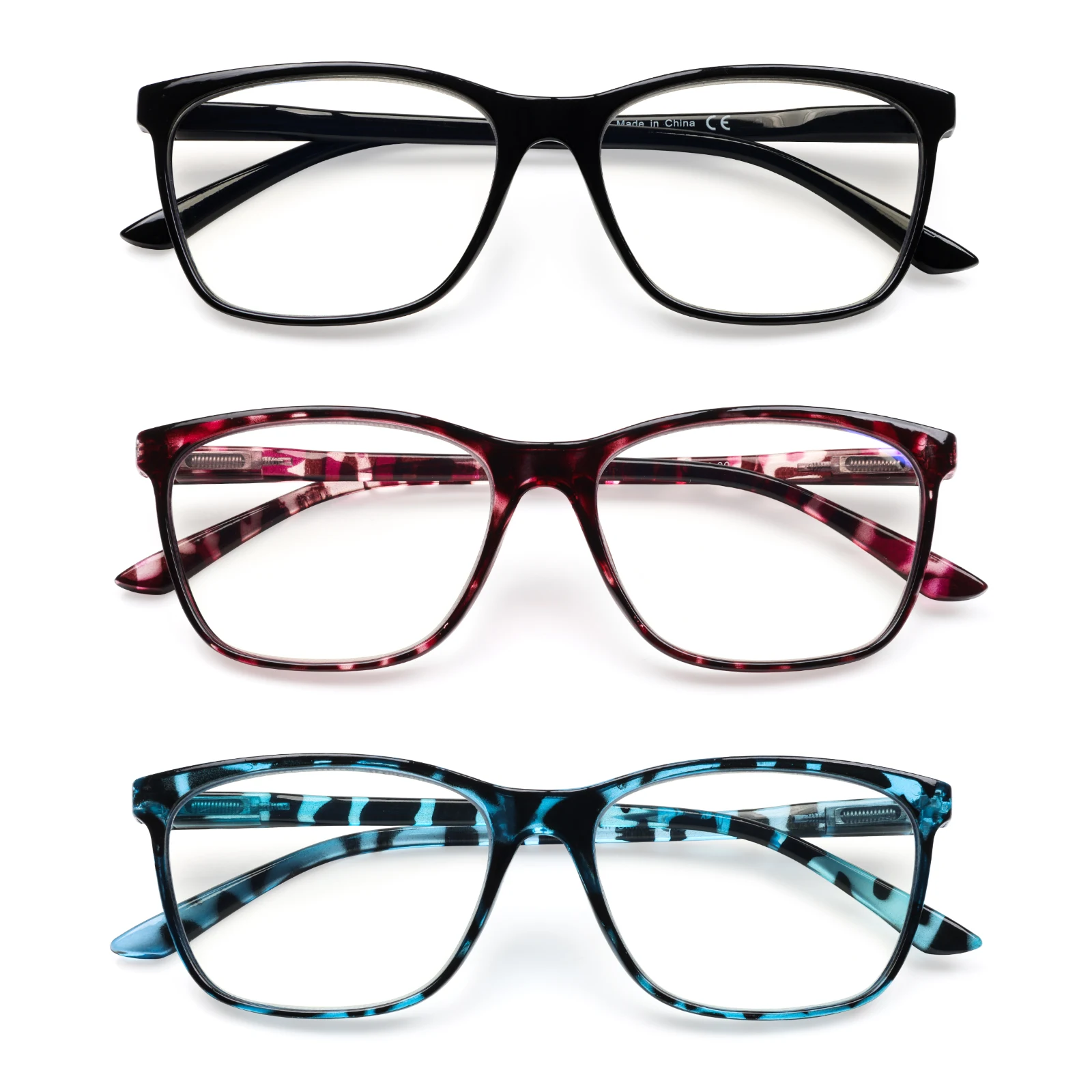GLASAGA 3 Pack Fashion Reading Glasses for Women Men Blue Light Blocking Square Readers with Spring Hinge
