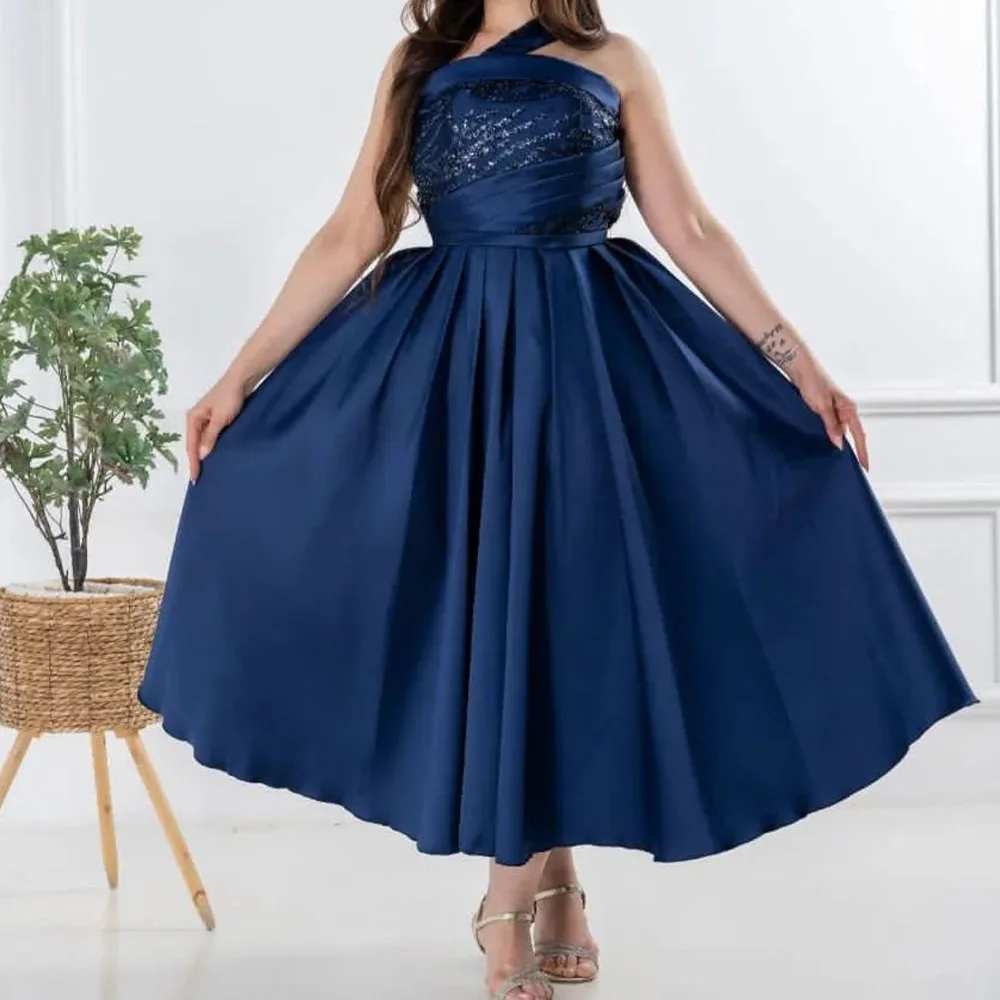 

A-Line Tea Length Strapless One Shoulder Satin Sleeveless Elegant and Classic Dark Blue Evening Dresses Sequined Ruched Pleats