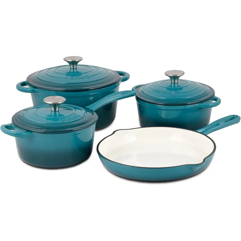 Enameled Cast Iron Cookware Set, 7-Piece Set (Biscay Blue), Nonstick, Oversized Handles, Oven Safe; Skillet, Saucepan,
