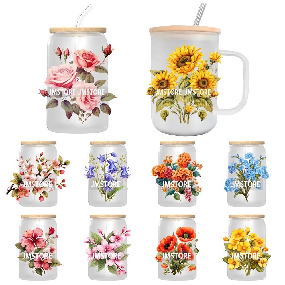 Colorful Floral Flowers UV Sticker Decals For Libbey Cold Cups Mugs Tumbler Transfer Stickers Waterproof High Quality Labels