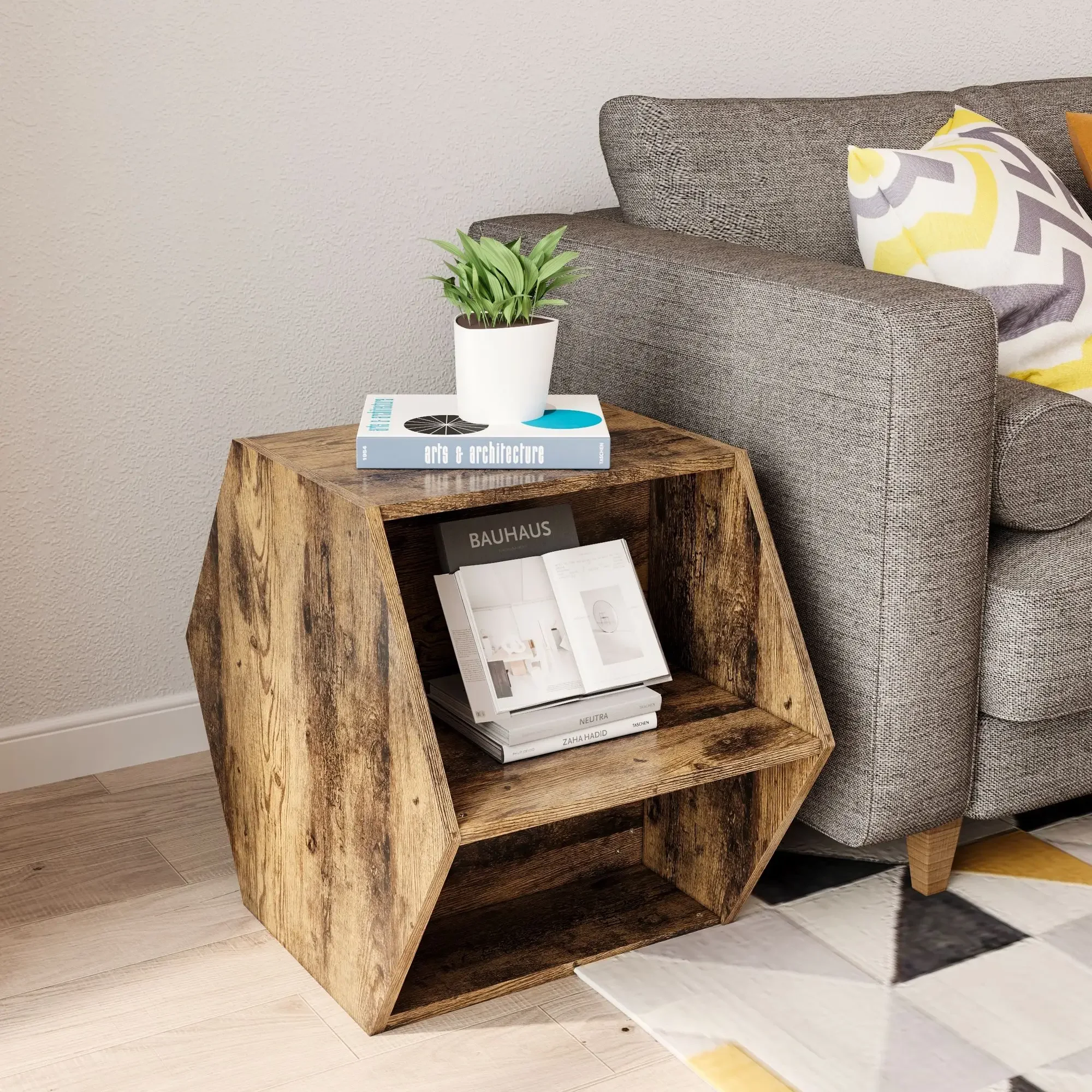 Hexagonal Coffee Table Side Table Nightstand Antique Wood,Café Tables