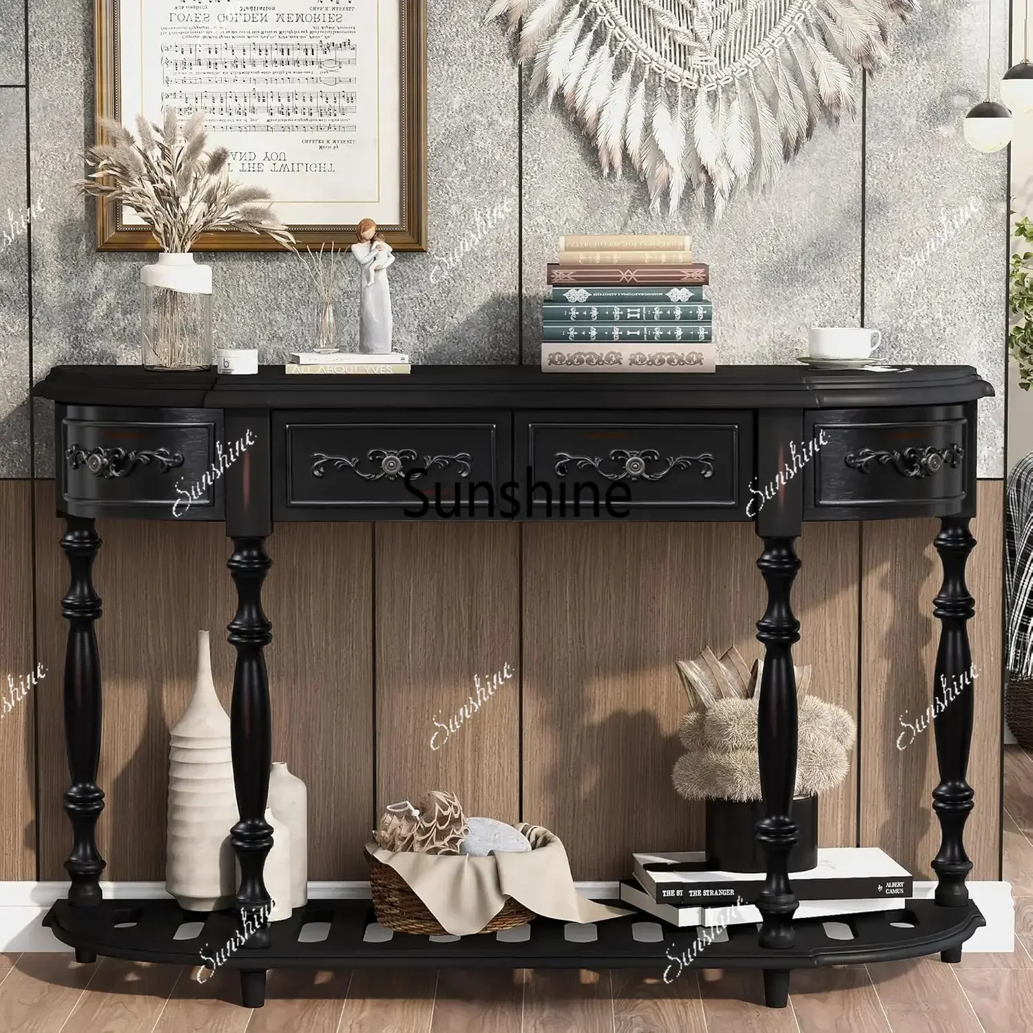 

Retro Wood Curved Console Table 52-Inch Half Moon Hall Sofa Table Entryway Table with Drawers & Shelf for Living Room