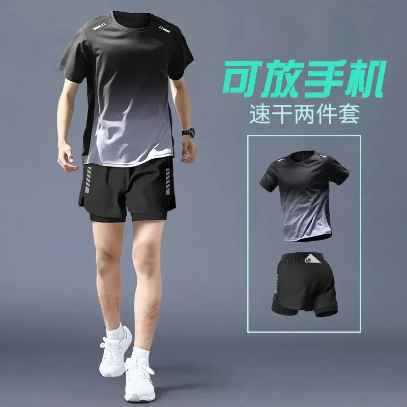 Conjunto Deportivo de Verano para Hombre - Camiseta de Manga Corta y Pantalones Cortos de Secado Rápido, Ropa Profesional para Gimnasio y Entrenamiento de Maratón