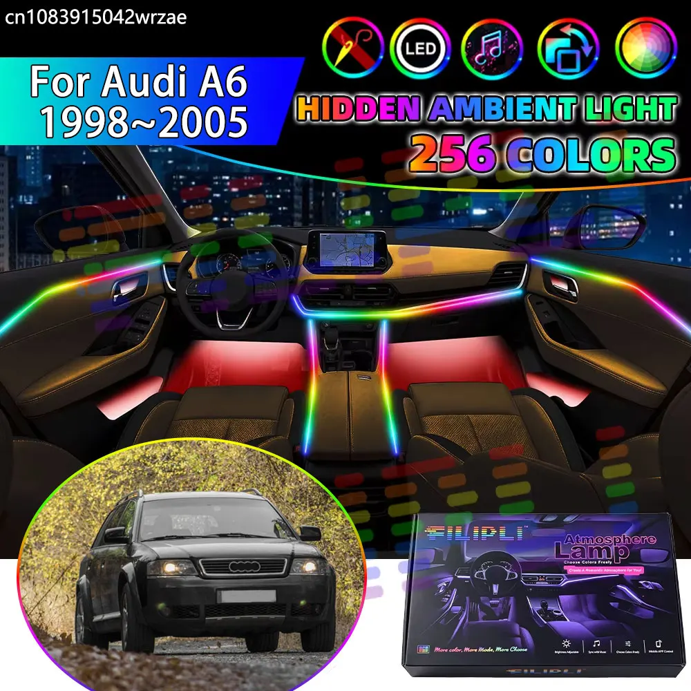 For Audi A6 1998~2005 4B C5 1999 RGB Car Interior Ambient Lights Strips Breathing Lighting Kit App Control LED strips Auto Parts