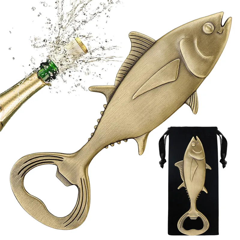 Creative Tuna Fish Shape Metal Bottle Opener Beer Soda Corkscrew Openers for Club Kitchen Bar Wedding Party Gift Set with Bag
