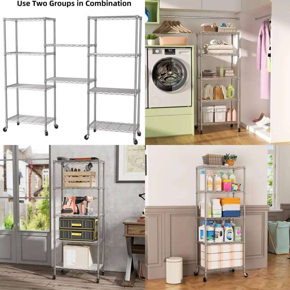 

White Rolling Wire Storage Shelves for Kitchen, Closet, Bathroom, Laundry with Baskets and Wheels