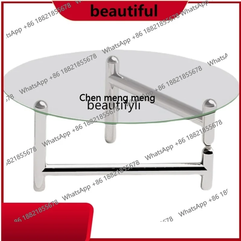 

Stainless steel glass coffee table is simple, living room household medieval cream creative round table small apartment H