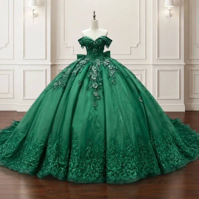 

Green Shiny Ball Gown Quinceanera Dresses Applique Lace Beading Crystal Tiered Tull Bow Corset Off The Shoulder Sweet 16 Dres