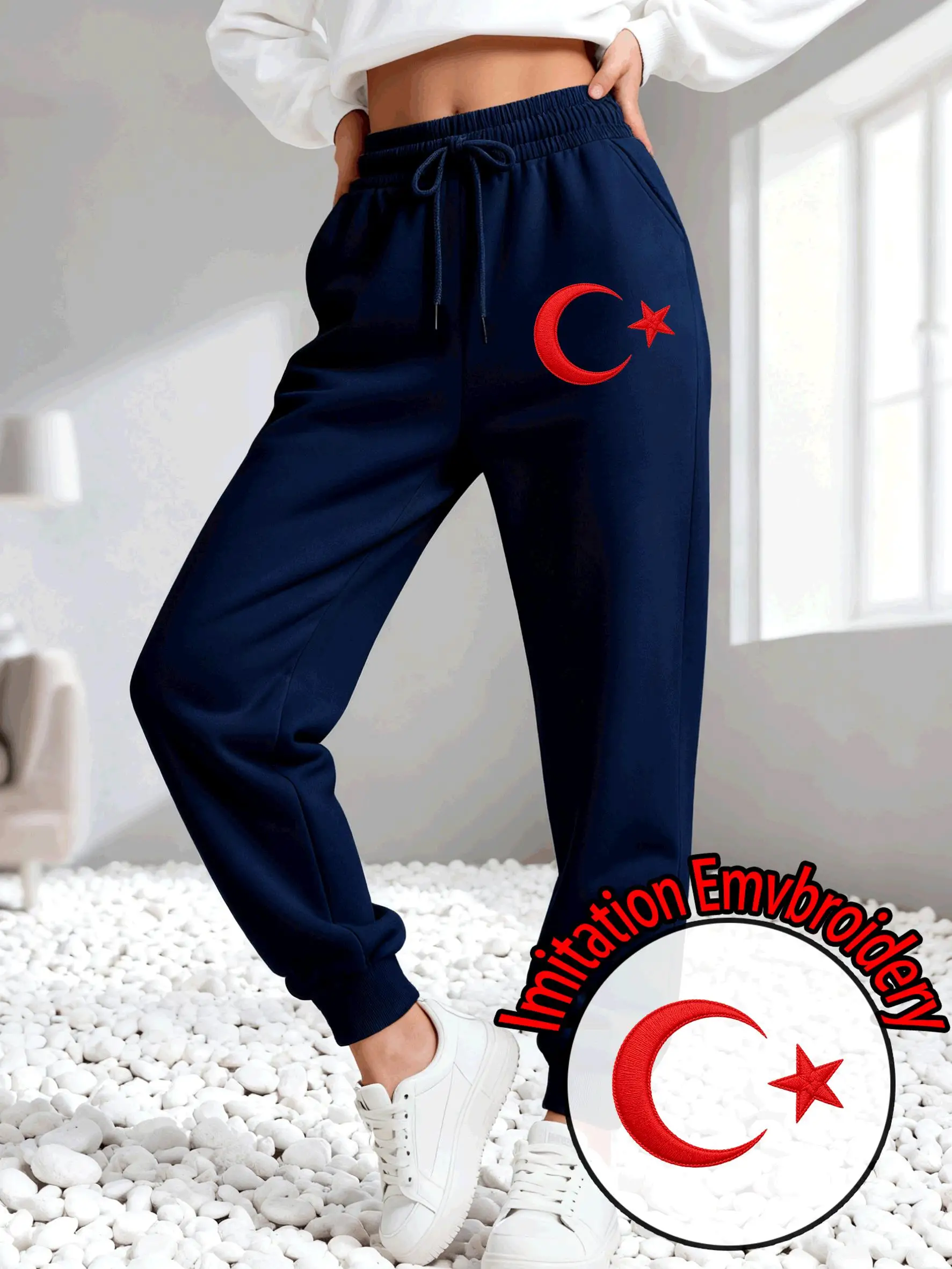 Türkiye Imitation Embroidery Print Women Sweatpant Fleece Autumn Unisex Jogging Pants Drawstring Pocket Clothes Hip Hop Pant