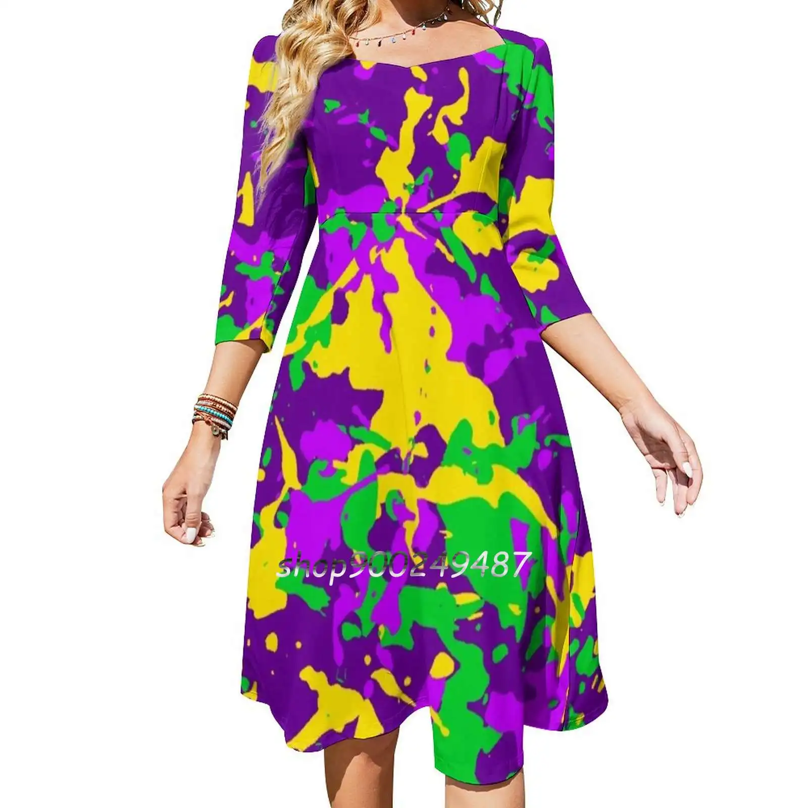 Mardi Gras Cajun Camo Flare Dress Short and Long Sleeve Dresses Fashion Printed Dress Mardi Gras Nola New Orleans Carnival