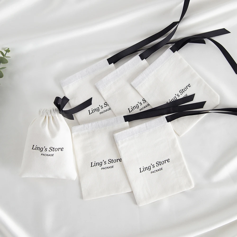 

50/100Pcs Personalized Logo White Cotton Jewelry Bag Muslin Drawstring Ribbon Bowknot Pouch Earring Stud Ring Bracelet Organizer