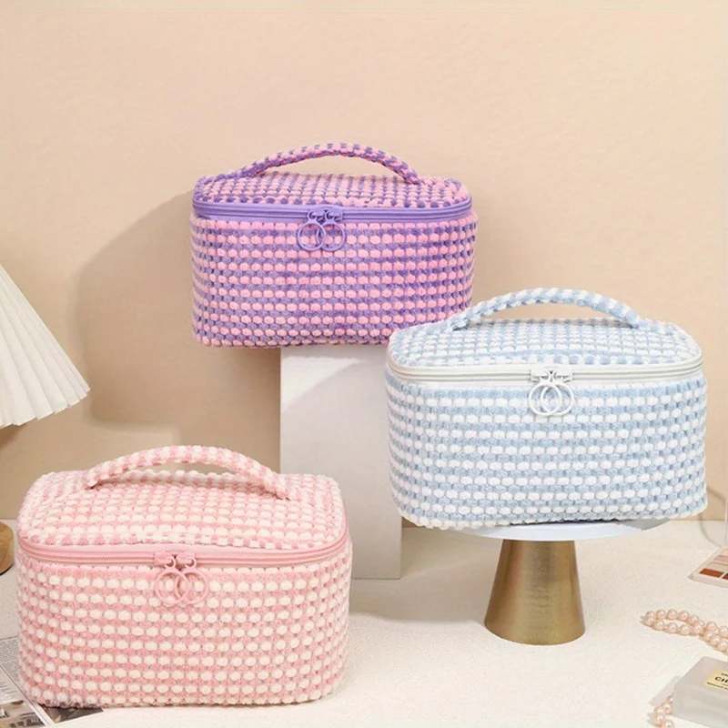 3pcs/Set Makeup Bag Solid Color Flower Cosmetic Bag Zipper Large Soft Corduroy  Female Travel Make Up Case