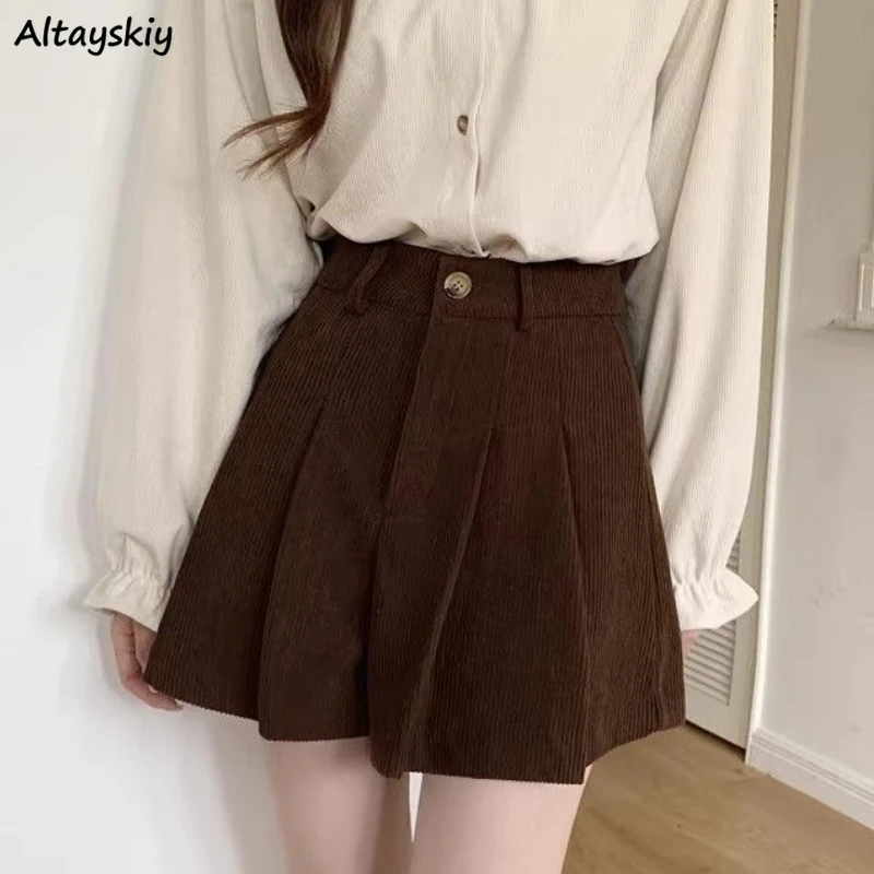 

Autumn Winter Women XS-4XL Corduroy Wide Leg Shorts Chic Korean Style Folds Sweet College Vintage Leisure High Waist Ropa Mujer