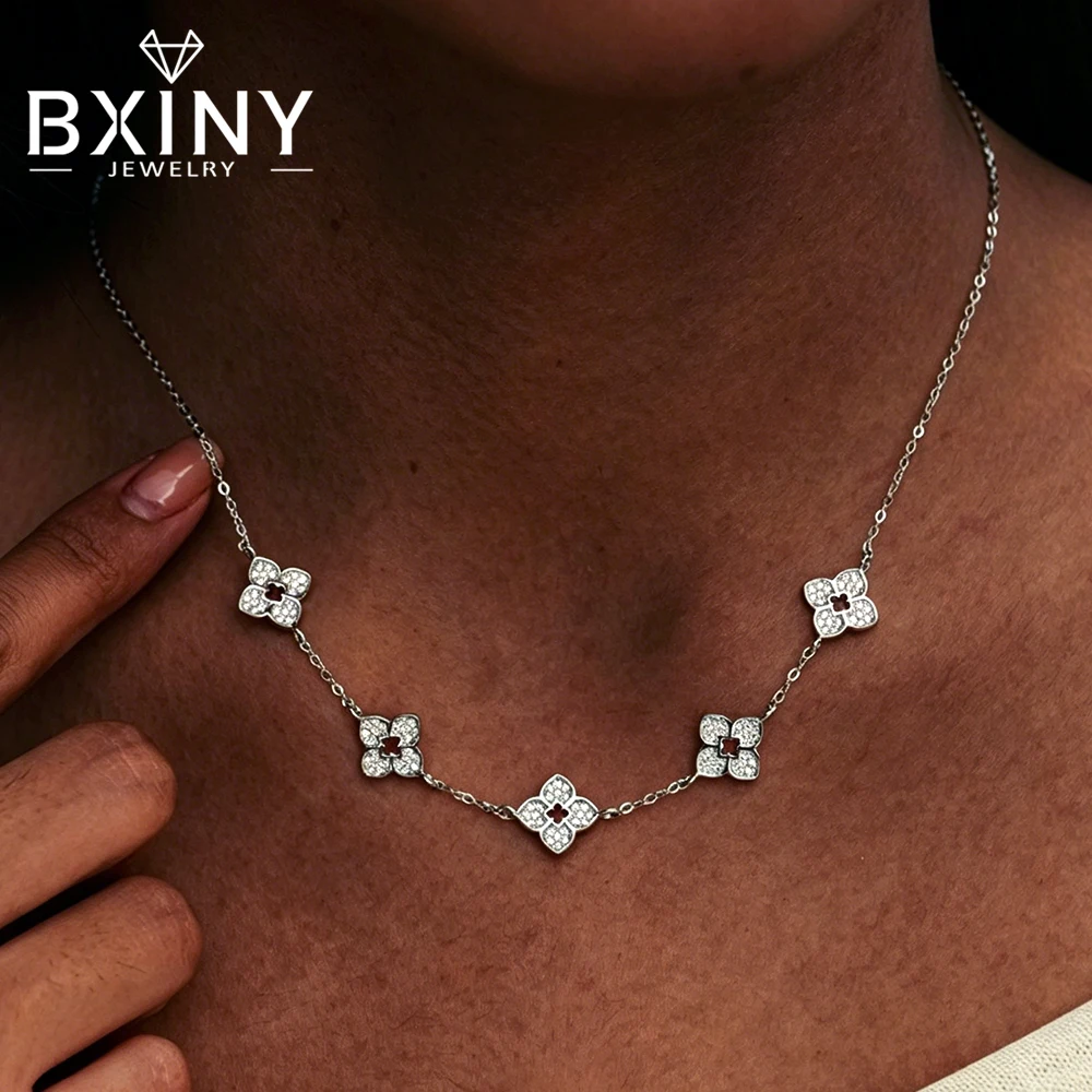 

BXINY All Moissanite Clover Pendant Necklace 925 Sterling Silver Certified Diamond Neck Chain Women Bridal Wedding Jewelry Gifts